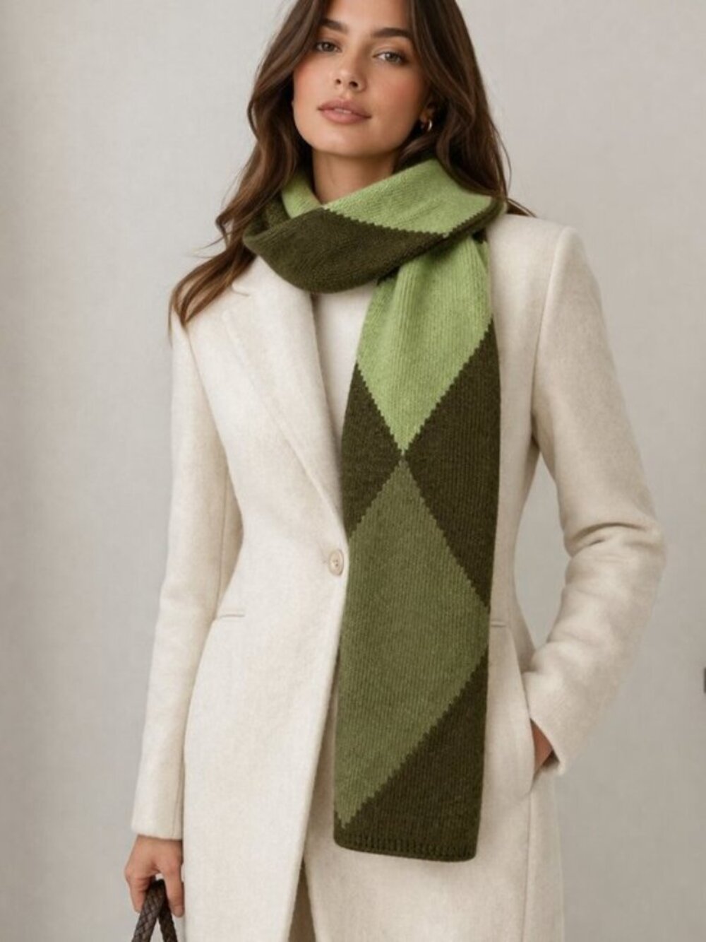 Olive Green Argyle Wool Blend Scarf Made in Italy Preppy Academia Winter Wrap